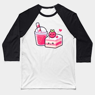 Kawaii Style Cute Strawberry Cake and Drink | Cutesy Design for Kawaii Food Lovers Baseball T-Shirt